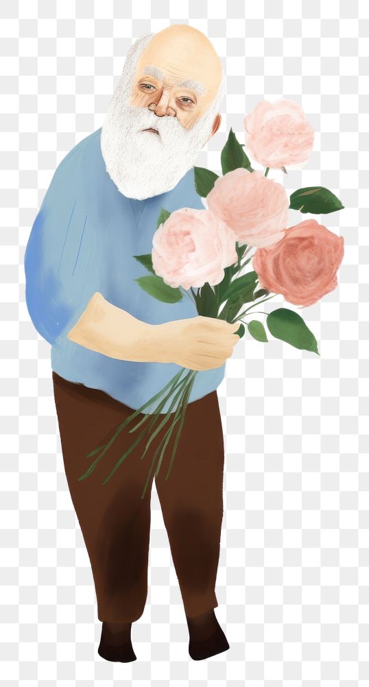 PNG Old man holding flowers drawing adult plant. AI generated Image by rawpixel.