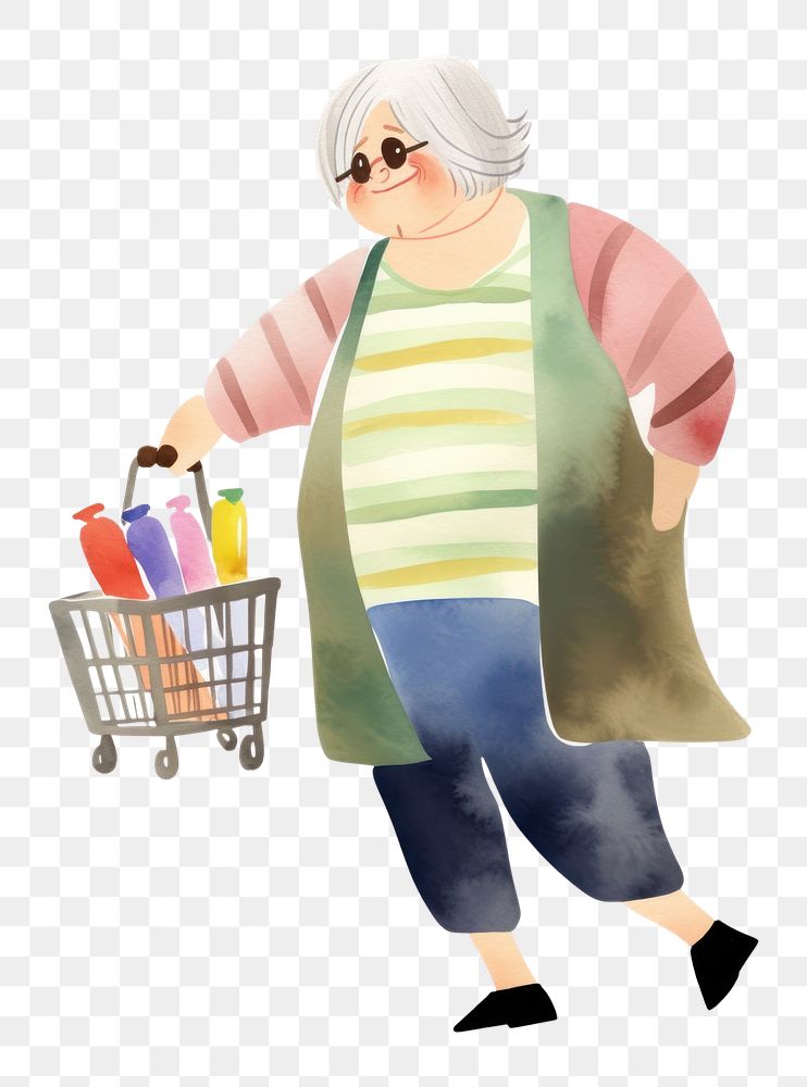 PNG Chubby old woman shopping drawing white background consumerism. AI generated Image by rawpixel.