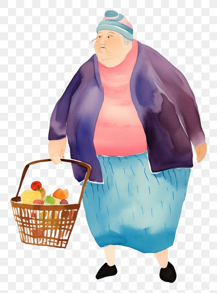 PNG Old woman shopping drawing basket white background. AI generated Image by rawpixel.