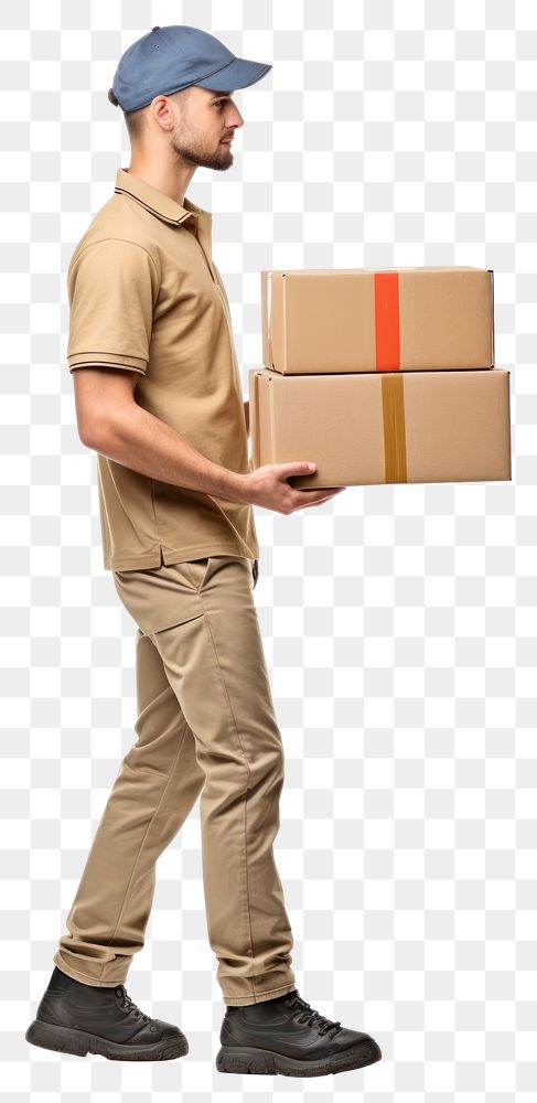 PNG  Deliveryman holding heavy boxs fullbody cardboard adult white background. 