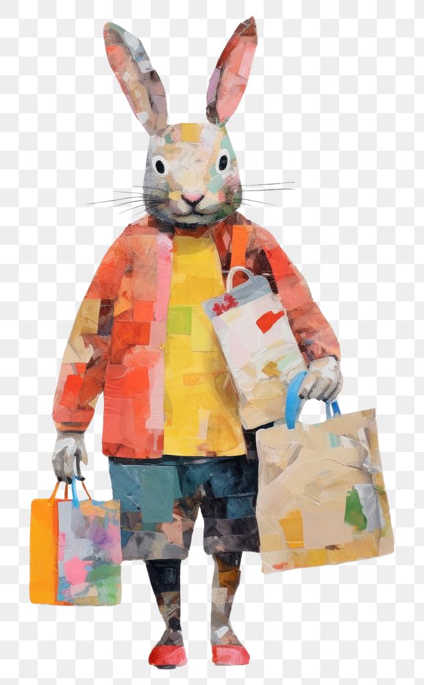 PNG  Happy rabbit wearing sweater carrying shopping bags art painting drawing. AI generated Image by rawpixel.