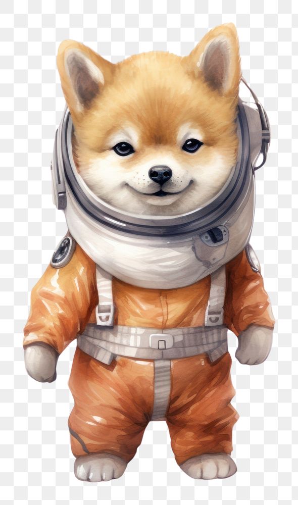 PNG Illustration Of confident shiba dog astronaut figurine mammal animal. AI generated Image by rawpixel.