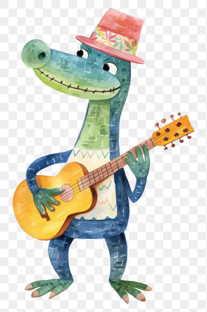 PNG  Cheerful crocodile characther playing instrument guitar art representation. AI generated Image by rawpixel.