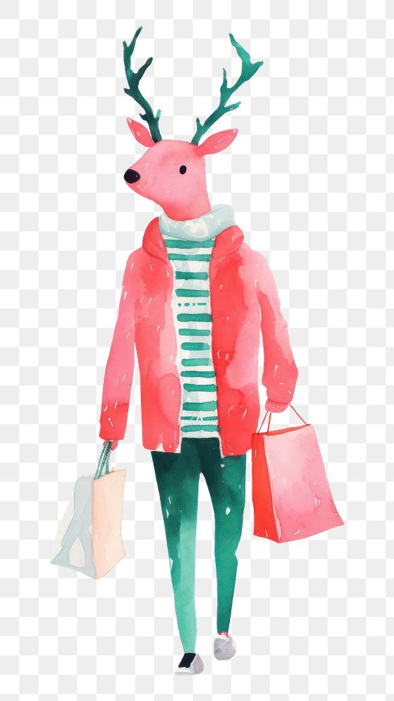 PNG Rendeer wearing christmas scarf carrying shopping bag mammal art white background. AI generated Image by rawpixel.