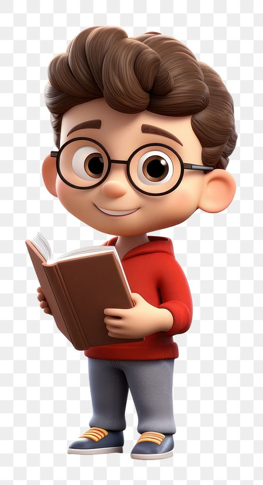Cute boy holding a book cartoon portrait standing. 