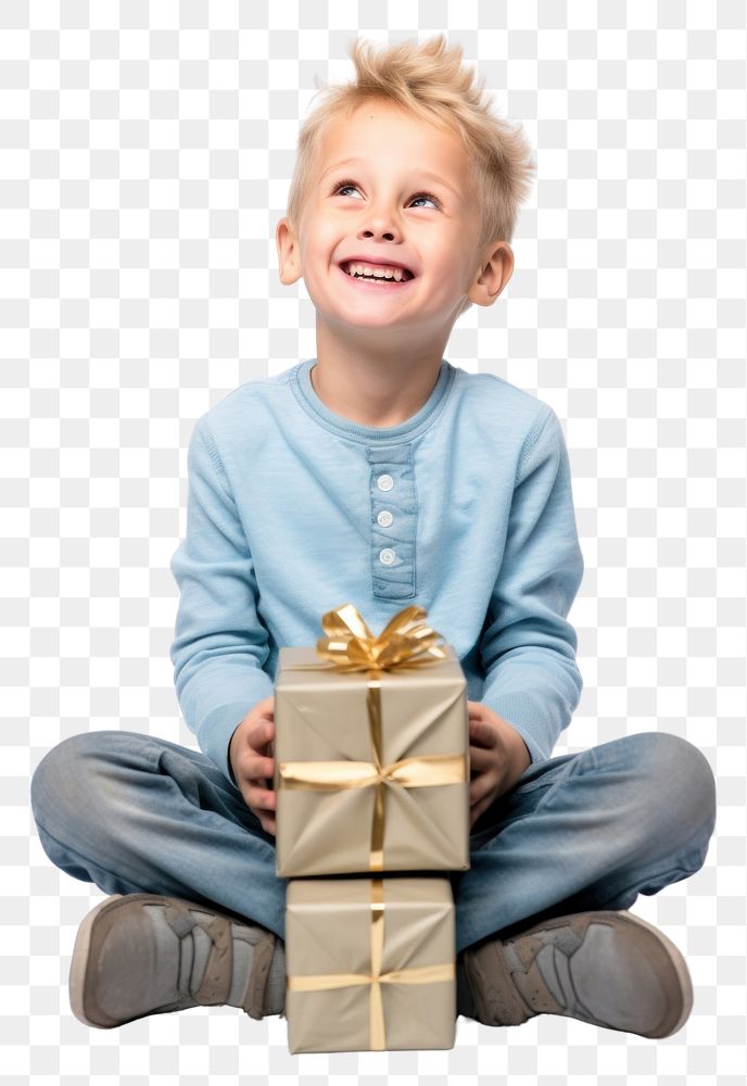 PNG Holding gift boxes child sitting head. AI generated Image by rawpixel.