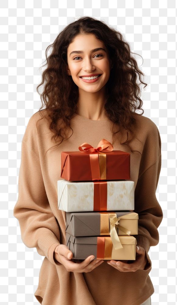 PNG A woman carrying festive gift boxes white background anticipation celebration. AI generated Image by rawpixel.
