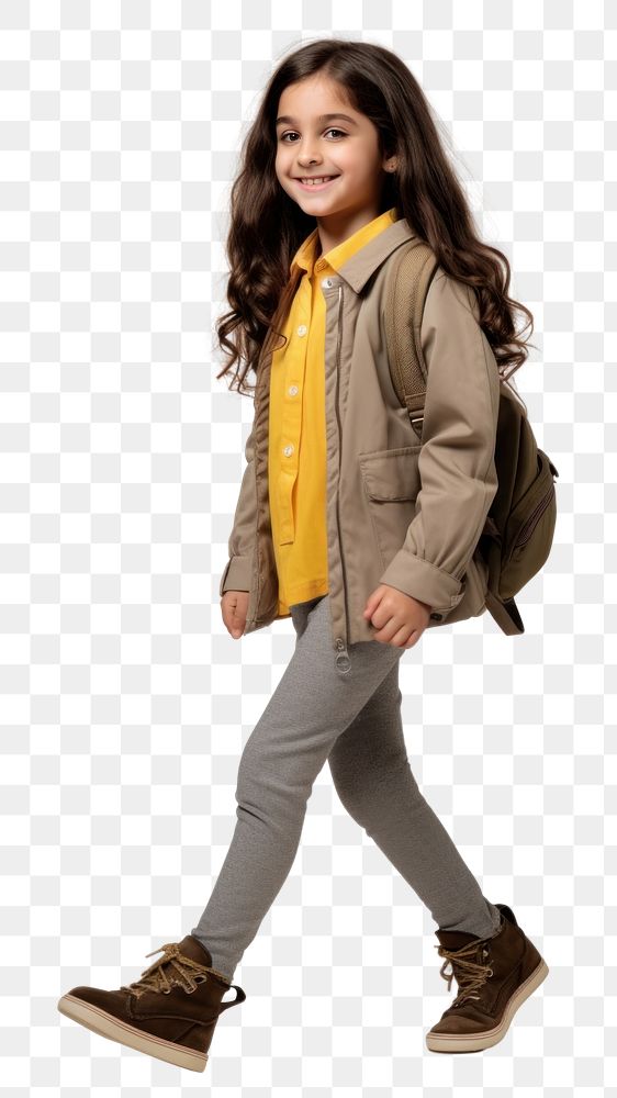 PNG A happy girl student kid footwear jacket khaki. AI generated Image by rawpixel.