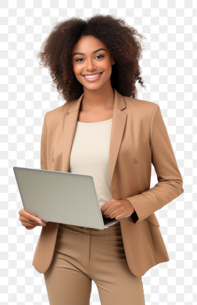 PNG  Young black business woman laptop computer smiling