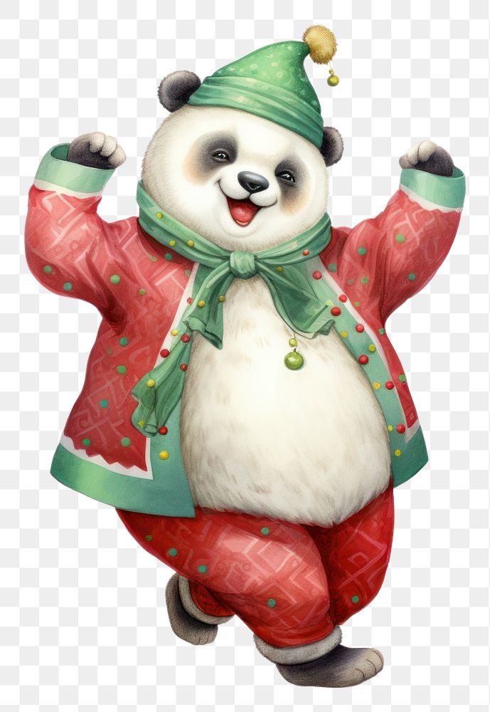 PNG  Chubby panda dancing christmas figurine red. 