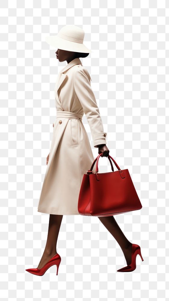 Young American African woman footwear overcoat handbag