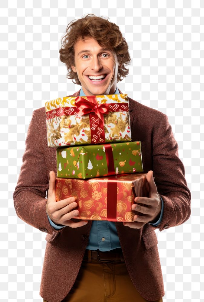 PNG Man holding several gift boxes christmas adult white background. AI generated Image by rawpixel.