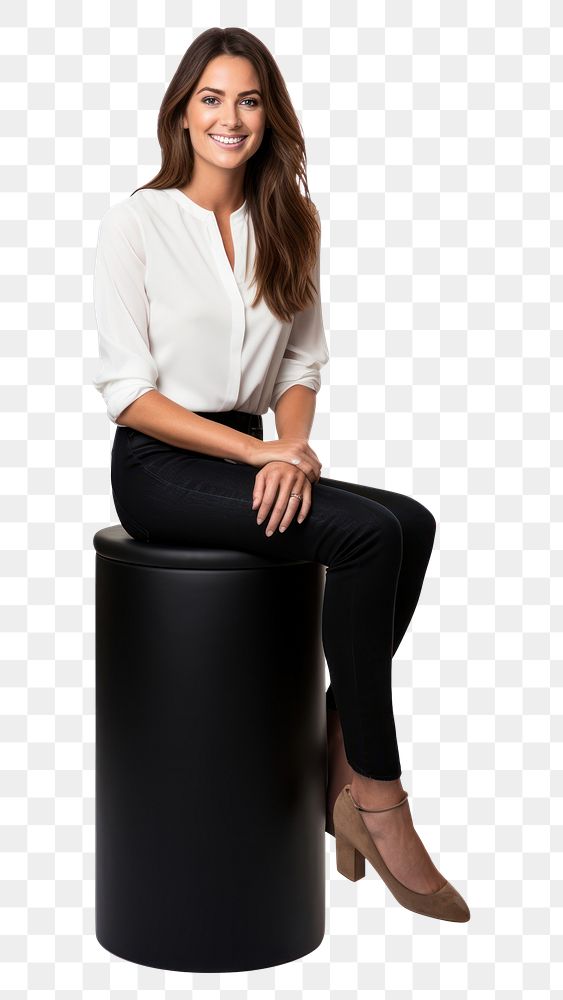 PNG  A beautiful woman standing and showing a rectangular board furniture footwear sitting. AI generated Image by rawpixel.