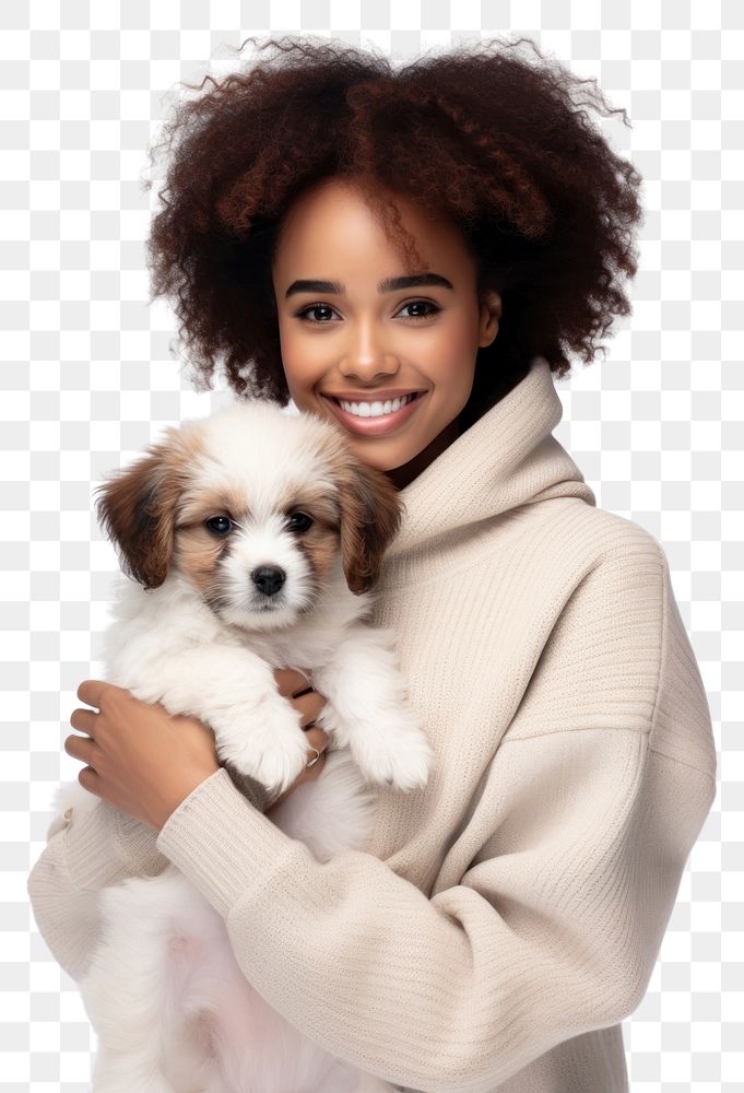 PNG Happy cute black woman hugging cute puppy portrait mammal animal. AI generated Image by rawpixel.