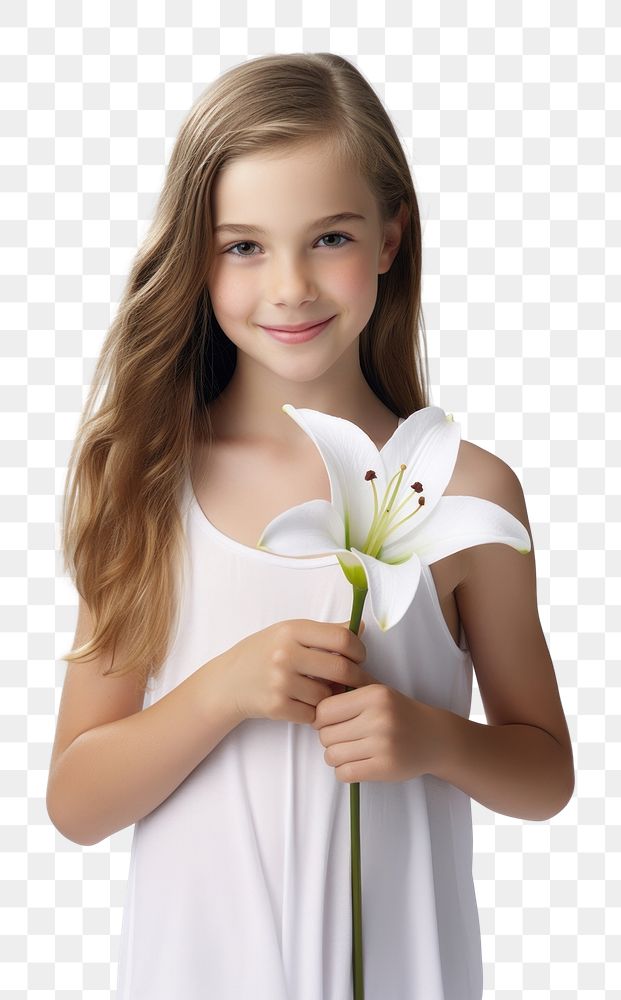 PNG  A girl holding a white lily flower portrait plant. AI generated Image by rawpixel.