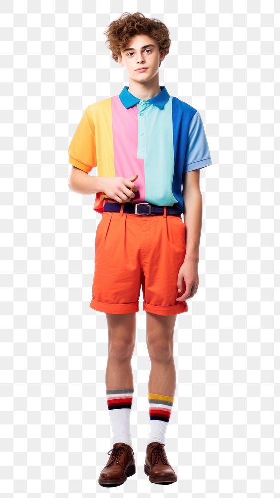 PNG  A teenage wearing modern retro colourful fashion outfit shorts white background accessories. AI generated Image by…