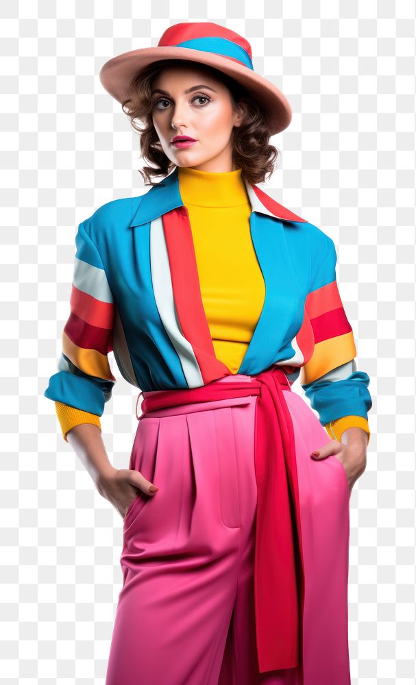 PNG  A woman wearing modern retro colourful fashion outfit sleeve adult white background. AI generated Image by rawpixel.
