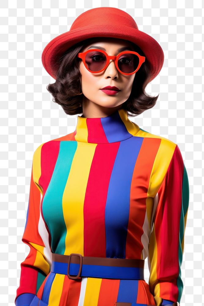 PNG  A woman wearing modern retro colourful fashion outfit white background sunglasses hairstyle. AI generated Image by…