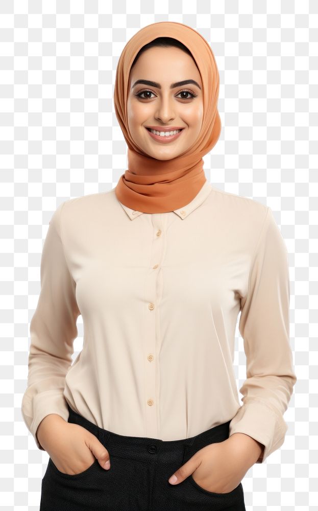 PNG  Smiling middle eastern woman sleeve blouse white background. AI generated Image by rawpixel.