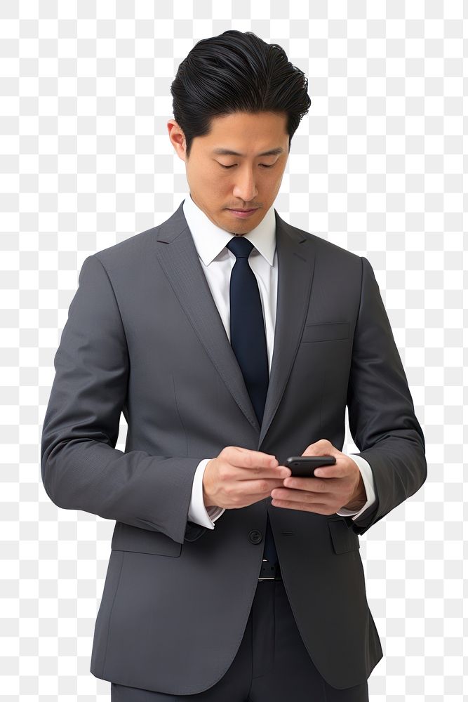 PNG  American-asian businessmen wearing suit using moblie phone blazer tuxedo adult. AI generated Image by rawpixel.