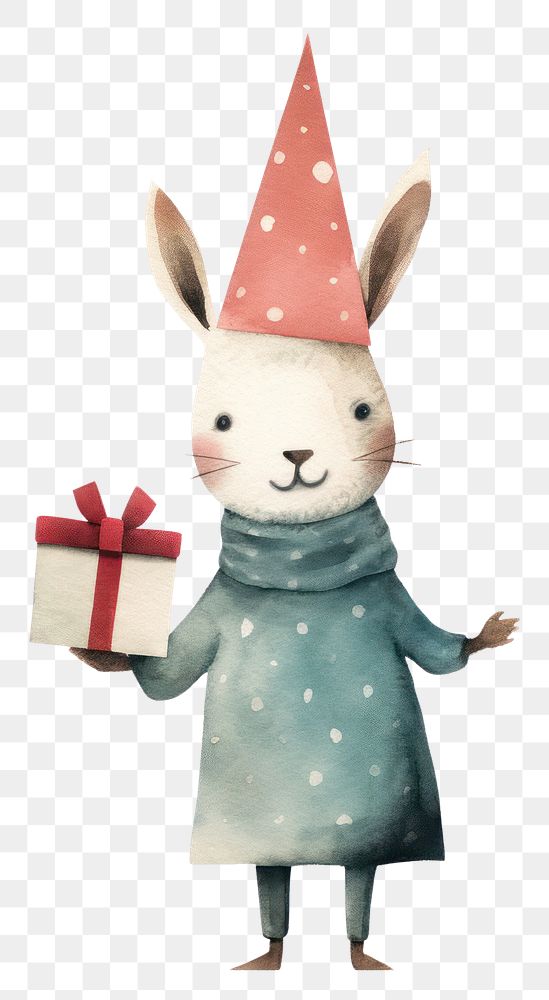 PNG  Rabbit holding present cute hat white background. AI generated Image by rawpixel.