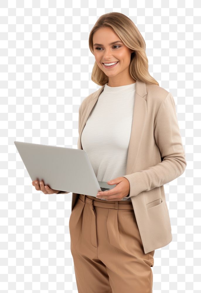 PNG A Cheerful beautiful woman holding laptop computer standing cheerful. AI generated Image by rawpixel.