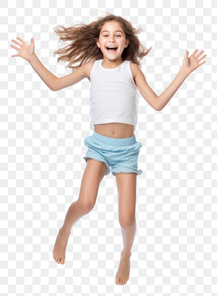 PNG  A young girl jumping happily shouting shorts child. AI generated Image by rawpixel.