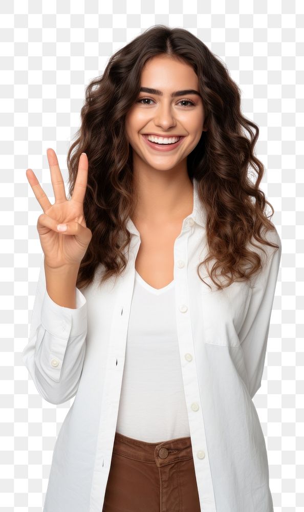 PNG  Happy Woman showing three fingers blouse smile happy. AI generated Image by rawpixel.