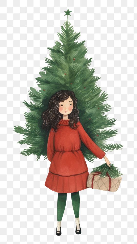 PNG Lady carrying a tiny christmas tree footwear drawing plant. AI generated Image by rawpixel.