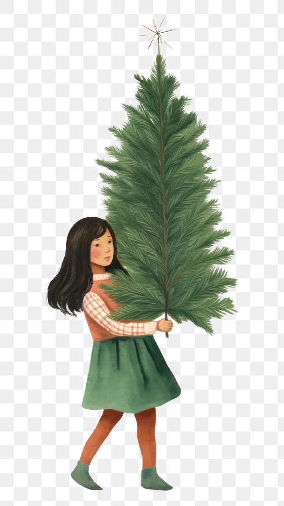 PNG Lady carrying a tiny christmas tree drawing plant cute. AI generated Image by rawpixel.