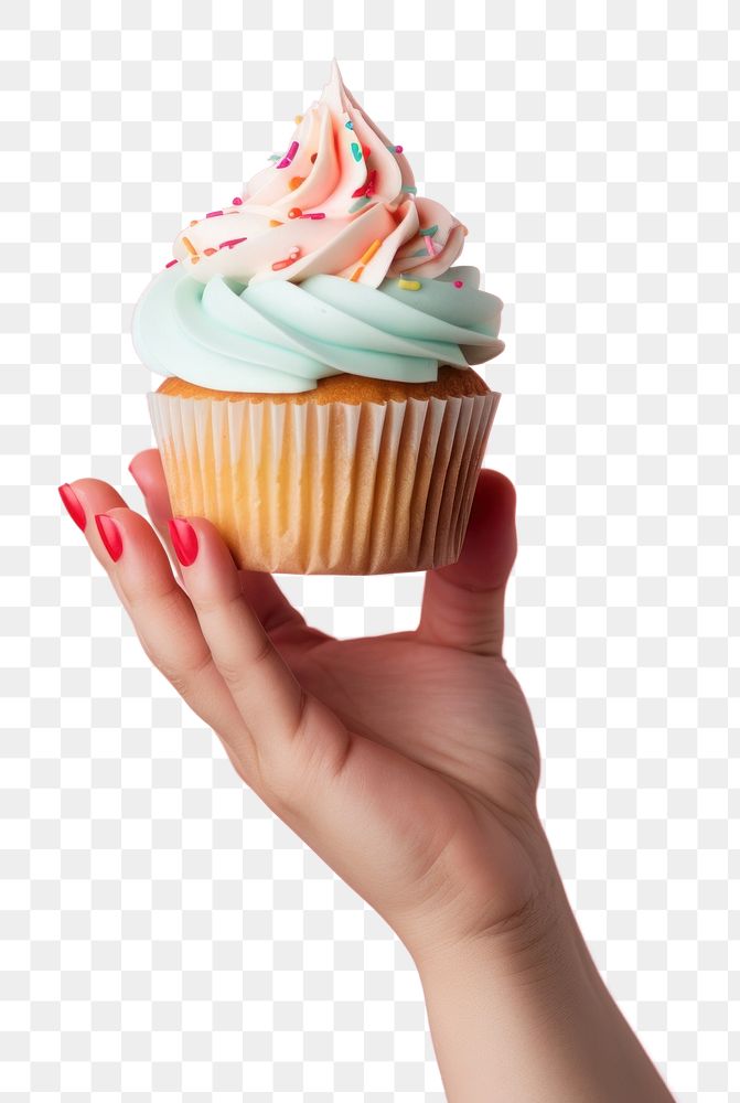 PNG Hand holding birthday cupcake dessert icing cream