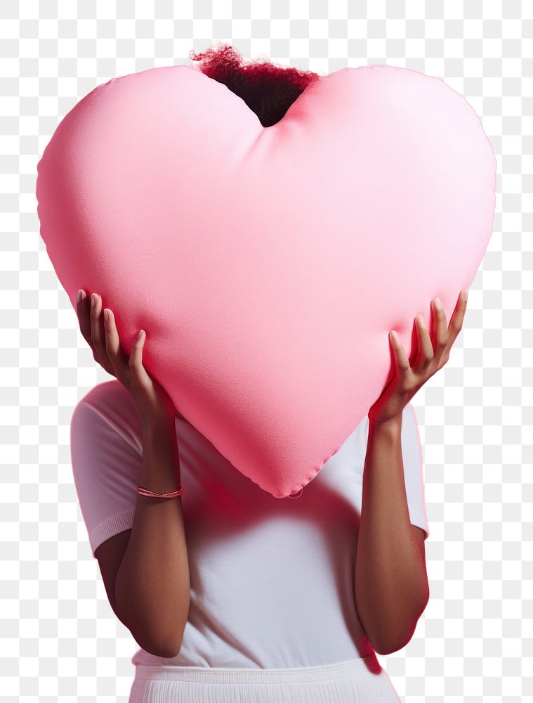 PNG Hand holding big heart pillow adult celebration portrait. AI generated Image by rawpixel.