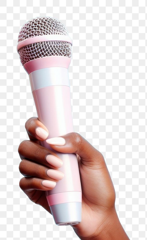 PNG Hand holding microphone pink blue performance. AI generated Image by rawpixel.