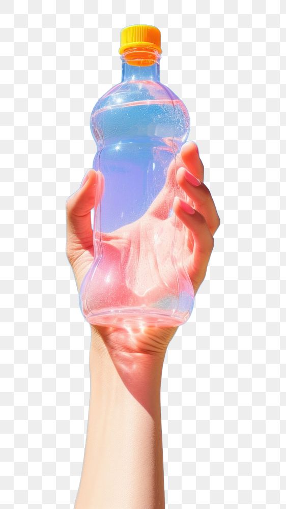 PNG Hand holding plastic bottle refreshment container sunlight. AI generated Image by rawpixel.