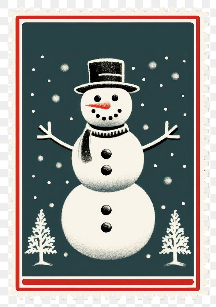 PNG Christmas postal stamp snowman white representation. AI generated Image by rawpixel.