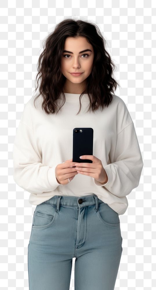 PNG  Woman holding smartphone standing sweater sleeve. AI generated Image by rawpixel.
