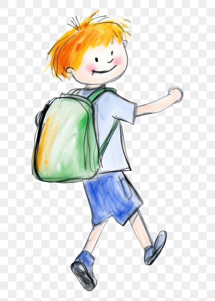 PNG  Happy boy carrying school bag drawing sketch white background. AI generated Image by rawpixel.