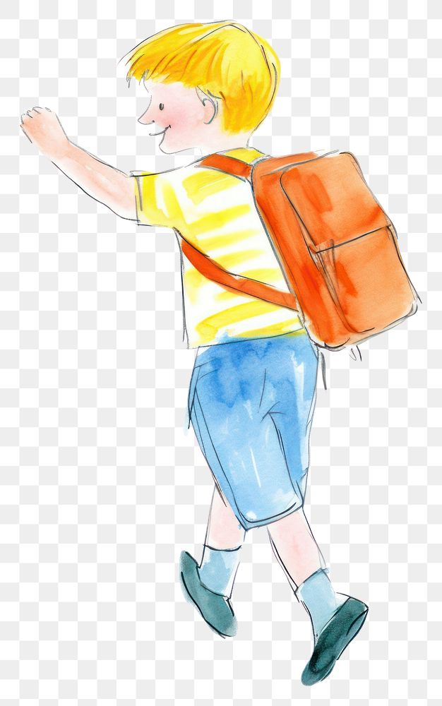 PNG  Happy student carrying school bag drawing child white background. AI generated Image by rawpixel.