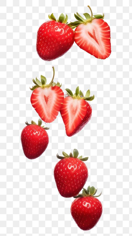PNG  Four strawberries floating in the air and slice strawberries strawberry fruit plant. AI generated Image by rawpixel.
