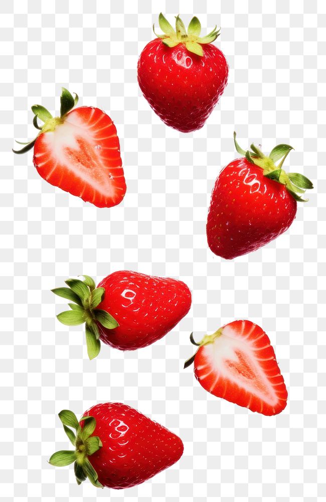 PNG  Four slice strawberries floating in the air and slice strawberries strawberry fruit plant. 