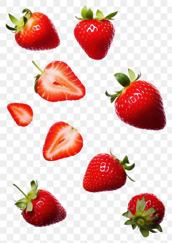 PNG  Four slice strawberries floating in the air and slice strawberries strawberry fruit plant. AI generated Image by…