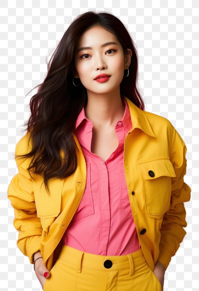PNG A korean woman in a wearing pink clothing portrait fashion yellow. 