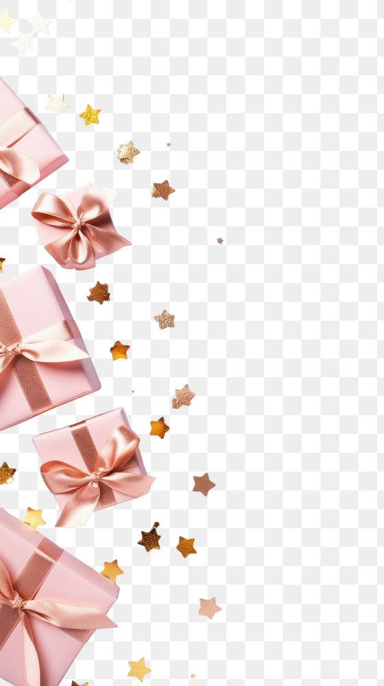 PNG  Pastel pink gifts with golden bows and ribbons placed on pastel blue background near stars backgrounds paper…