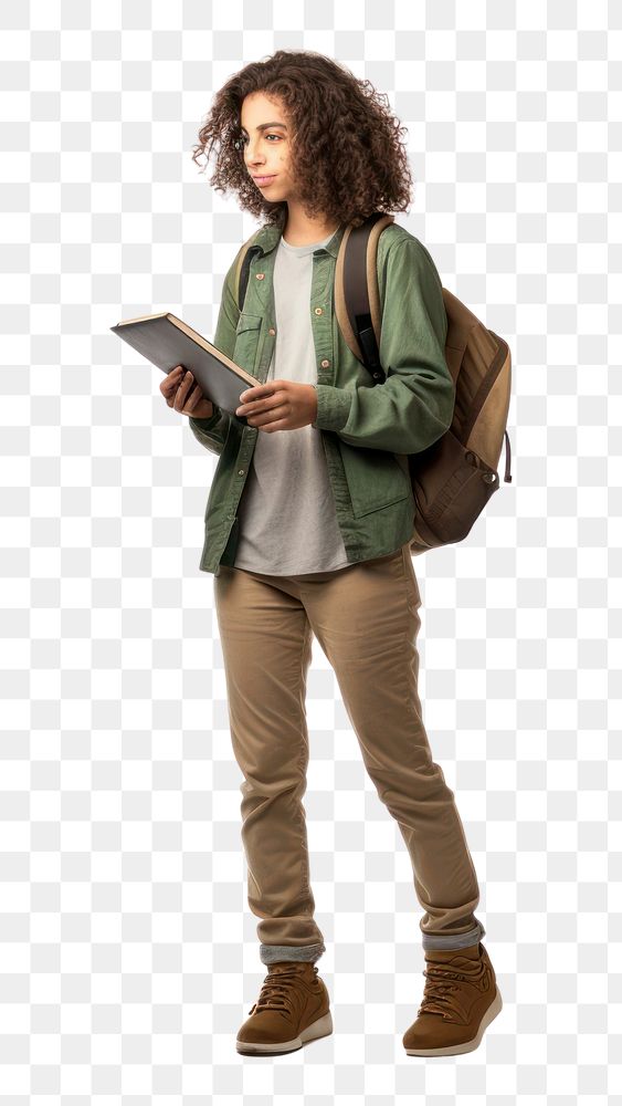 PNG Student standing backpack reading. AI generated Image by rawpixel.