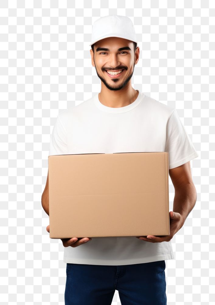PNG Delivery man hands holding blank white paper box cardboard portrait adult. AI generated Image by rawpixel.