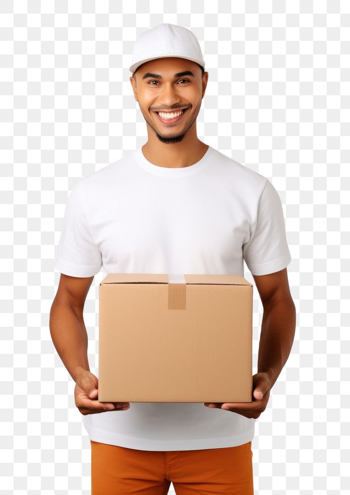 PNG Delivery man hands holding blank white paper box cardboard portrait delivering. AI generated Image by rawpixel.
