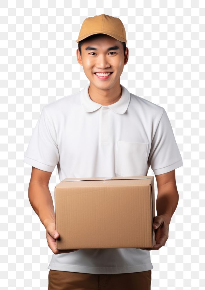 PNG Delivery man hands holding blank white paper box cardboard portrait happiness. AI generated Image by rawpixel.