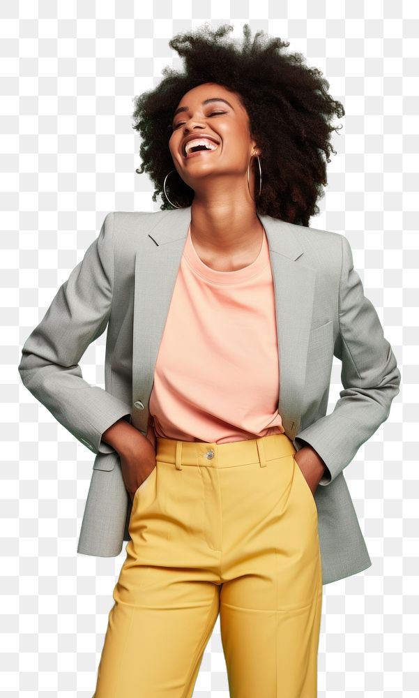 PNG Black woman laughing blazer yellow. AI generated Image by rawpixel.