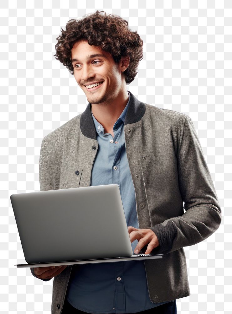 PNG  Young man holding a laptop computer standing typing