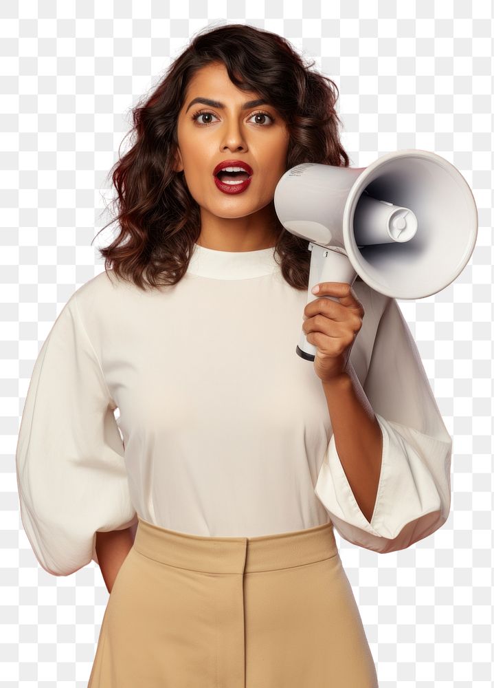 PNG  A Young Indian woman holding a megaphone portrait adult photo. AI generated Image by rawpixel.